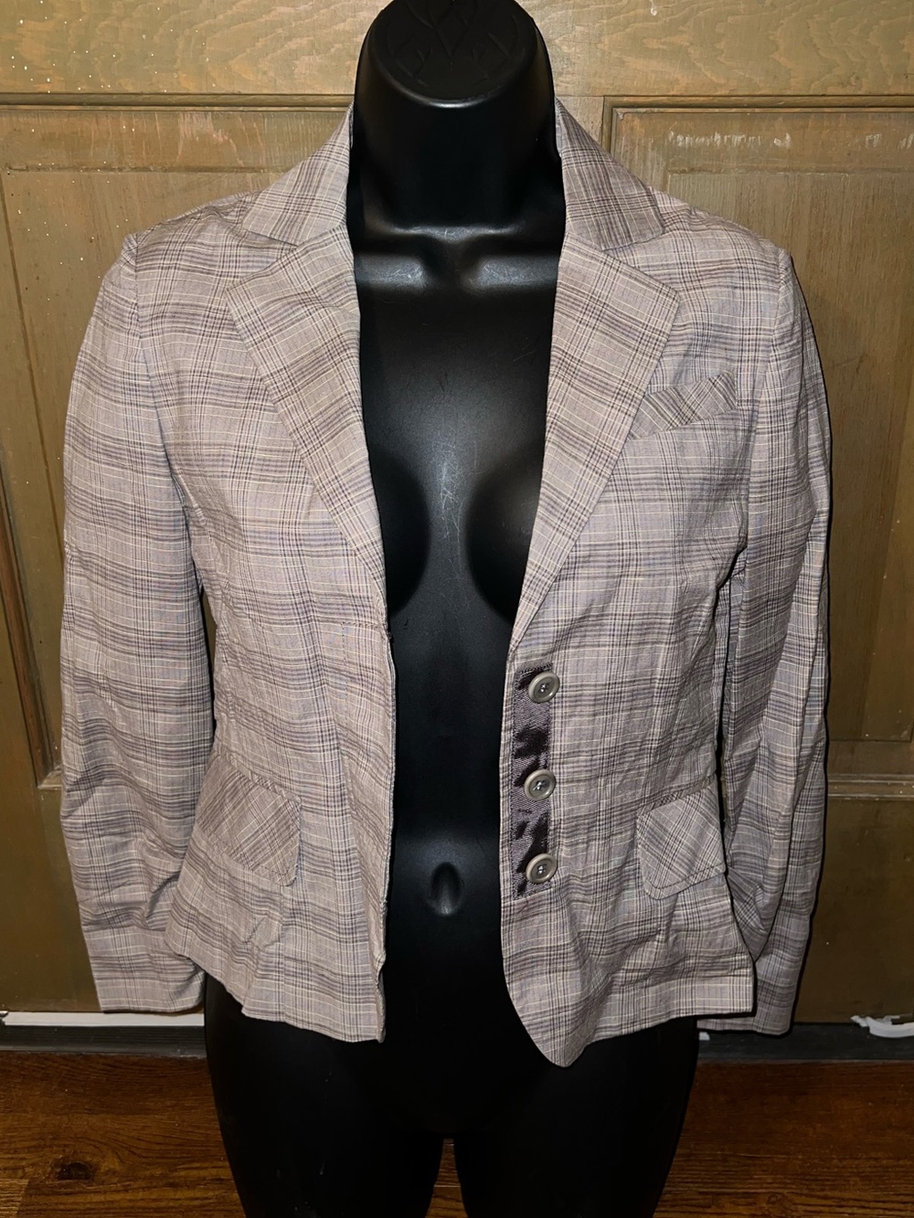 BCBGMAXAZRIA Beige Plaid Blazer Jacket Fitted Workwear Office Classic Size XS